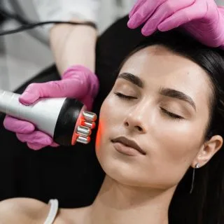 žena leži zatvorenih očiju u dermaološkoj ordinaciji, u toku je radiotalasno lečenje keratoze